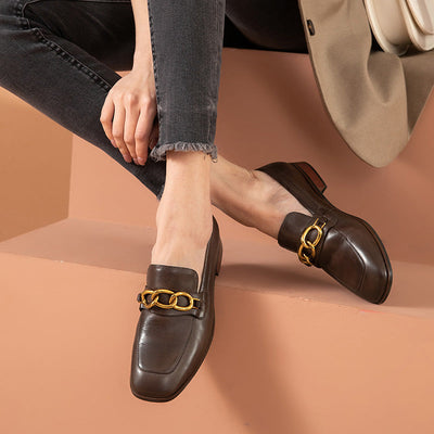 BeauToday Leather Loafers for Women with Metal Chain Decor BEAU TODAY