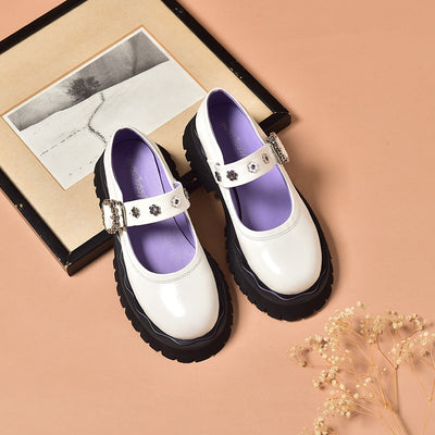 BeauToday Leather Lolita Mary Janes Shoes for Women with Metal Flower Eyelet Decor BEAU TODAY