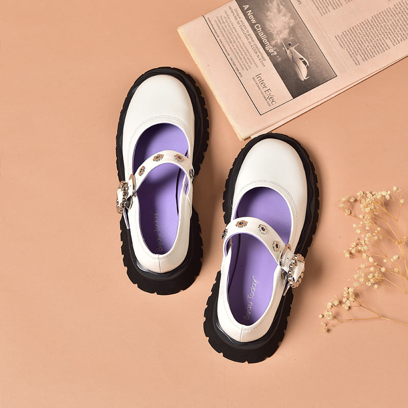 BeauToday Leather Lolita Mary Janes Shoes for Women with Metal Flower Eyelet Decor BEAU TODAY