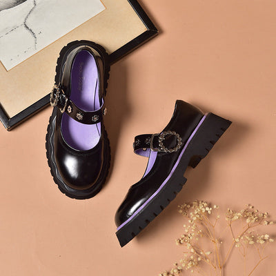 BeauToday Leather Lolita Mary Janes Shoes for Women with Metal Flower Eyelet Decor BEAU TODAY