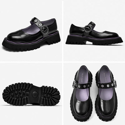 BeauToday Leather Lolita Mary Janes Shoes for Women with Metal Flower Eyelet Decor BEAU TODAY
