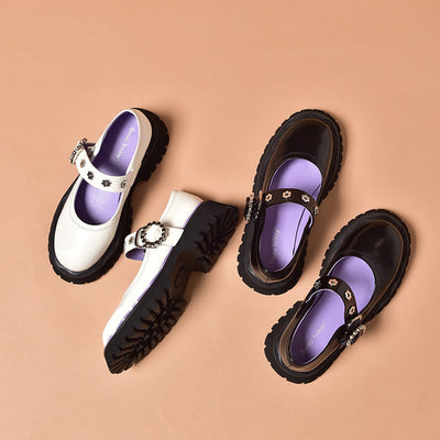 BeauToday Leather Lolita Mary Janes Shoes for Women with Metal Flower Eyelet Decor BEAU TODAY