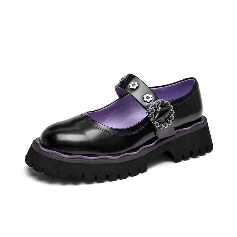 BeauToday Leather Lolita Mary Janes Shoes for Women with Metal Flower Eyelet Decor BEAU TODAY