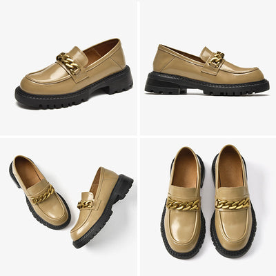 BeauToday Leather Platform Loafers for Women with Chain Decor BEAU TODAY