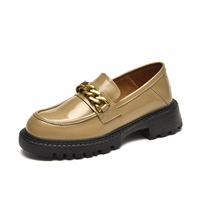 BeauToday Leather Platform Loafers for Women with Chain Decor BEAU TODAY