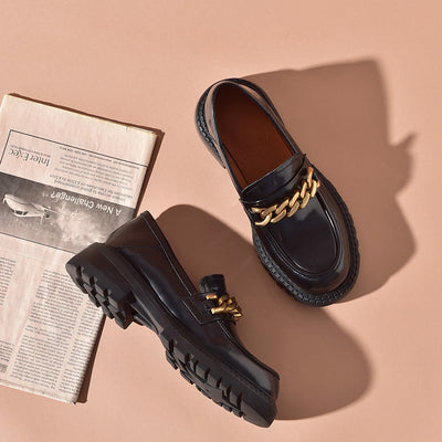 BeauToday Leather Platform Loafers for Women with Chain Decor BEAU TODAY
