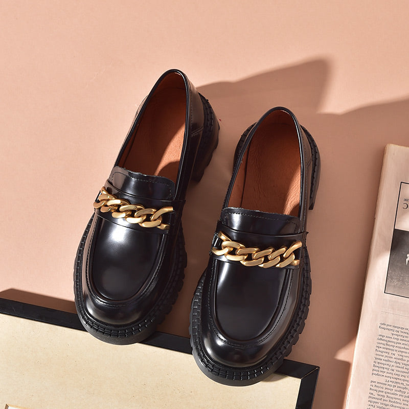 BeauToday Leather Platform Loafers for Women with Chain Decor BEAU TODAY