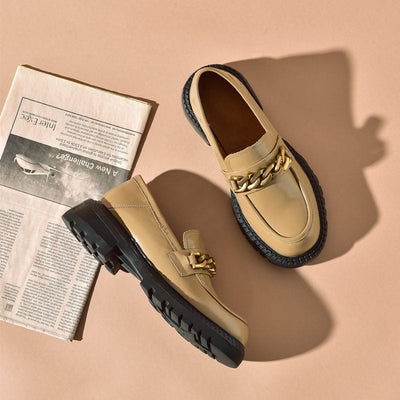 BeauToday Leather Platform Loafers for Women with Chain Decor BEAU TODAY