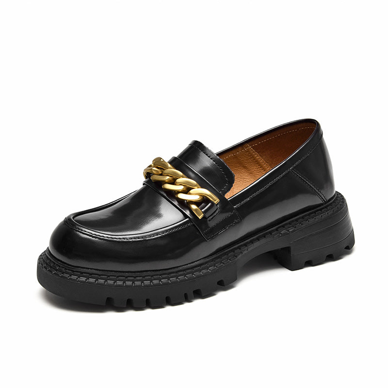 BeauToday Leather Platform Loafers for Women with Chain Decor BEAU TODAY