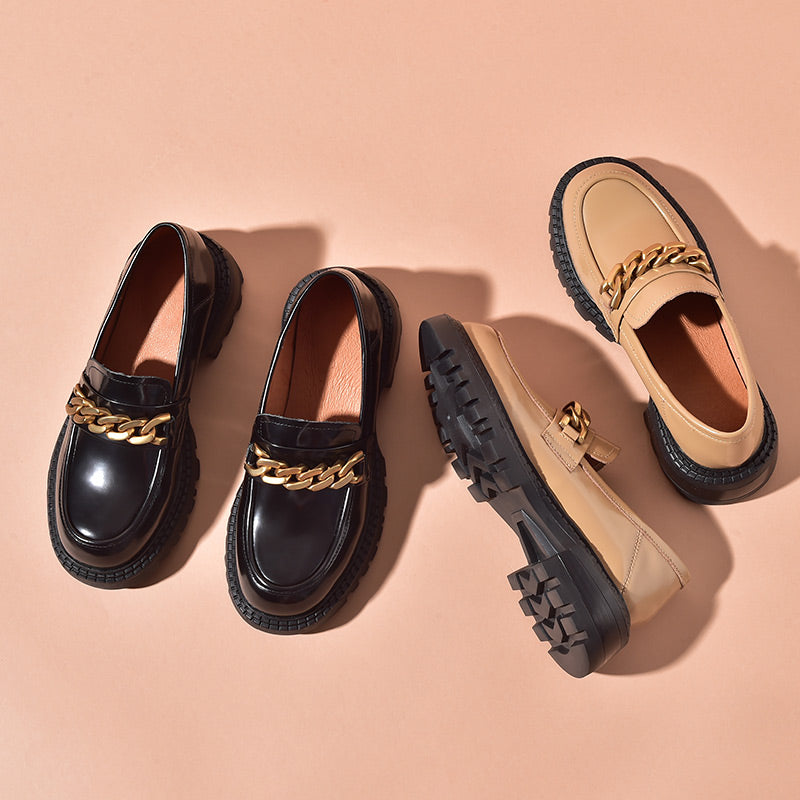 BeauToday Leather Platform Loafers for Women with Chain Decor BEAU TODAY