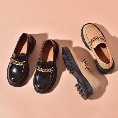 BeauToday Leather Platform Loafers for Women with Chain Decor BEAU TODAY