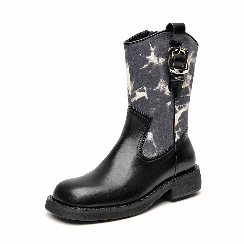 BeauToday Leather Square Toe Boots with Camouflage Decoration for Women BEAU TODAY