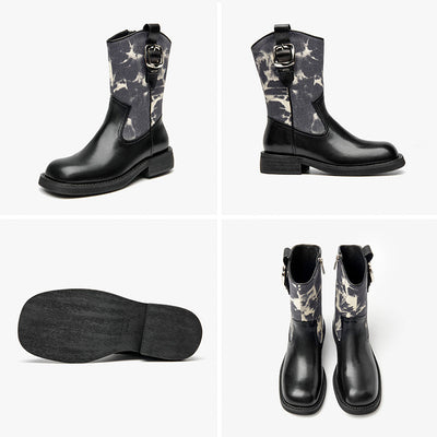 BeauToday Leather Square Toe Boots with Camouflage Decoration for Women BEAU TODAY
