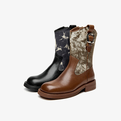 BeauToday Leather Square Toe Boots with Camouflage Decoration for Women BEAU TODAY