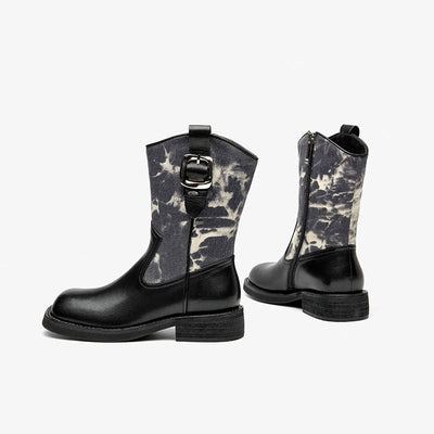 BeauToday Leather Square Toe Boots with Camouflage Decoration for Women BEAU TODAY