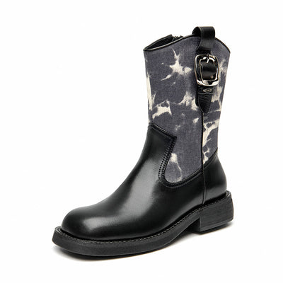 BeauToday Leather Square Toe Boots with Camouflage Decoration for Women BEAU TODAY