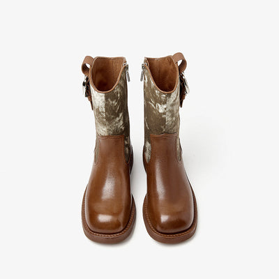 BeauToday Leather Square Toe Boots with Camouflage Decoration for Women BEAU TODAY