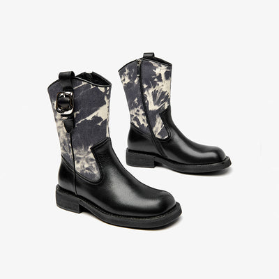 BeauToday Leather Square Toe Boots with Camouflage Decoration for Women BEAU TODAY
