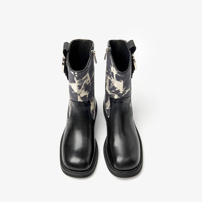 BeauToday Leather Square Toe Boots with Camouflage Decoration for Women BEAU TODAY
