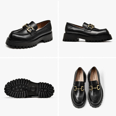 BeauToday Metal Decoration Leather Chunky Loafers for Women BEAU TODAY
