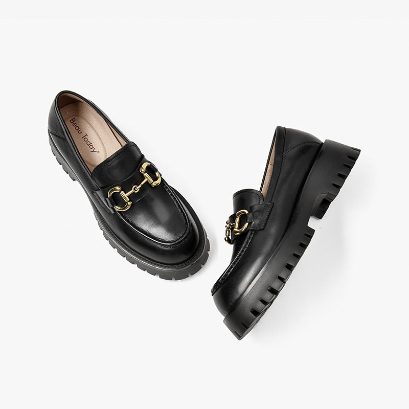 BeauToday Metal Decoration Leather Chunky Loafers for Women BEAU TODAY