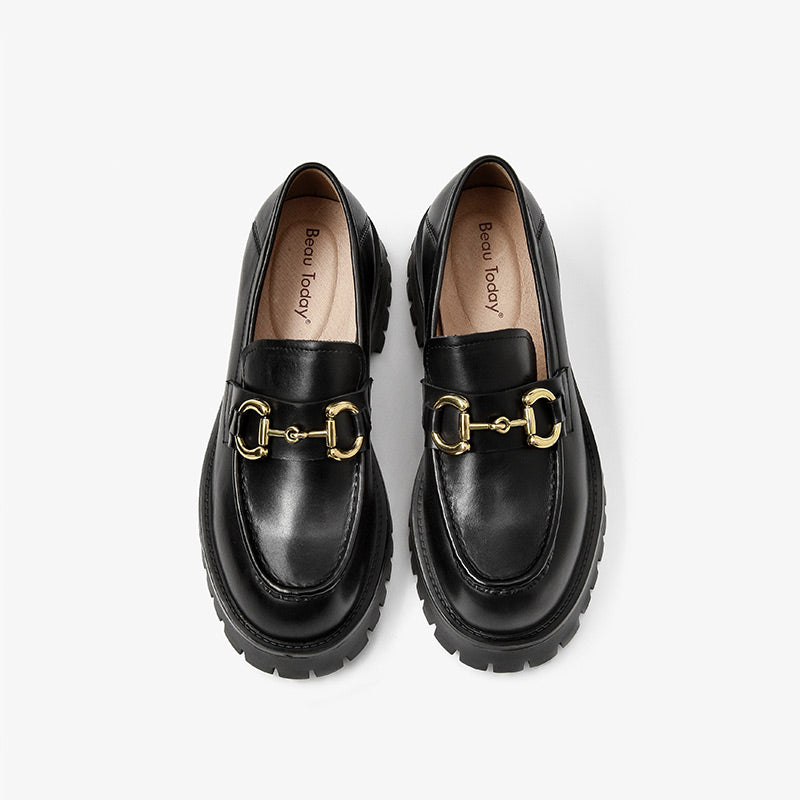 BeauToday Metal Decoration Leather Chunky Loafers for Women BEAU TODAY
