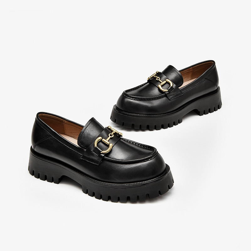 BeauToday Metal Decoration Leather Chunky Loafers for Women BEAU TODAY