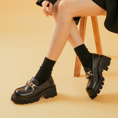 BeauToday Platform Lug Sole Loafers with Metal Chain Decor for Women BEAU TODAY