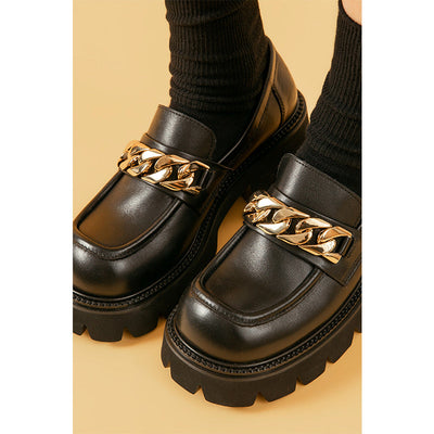 BeauToday Platform Lug Sole Loafers with Metal Chain Decor for Women BEAU TODAY