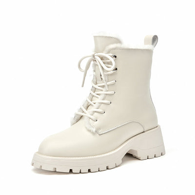 BeauToday Square Heel Solid Color Lace Up Boots for Women BEAU TODAY
