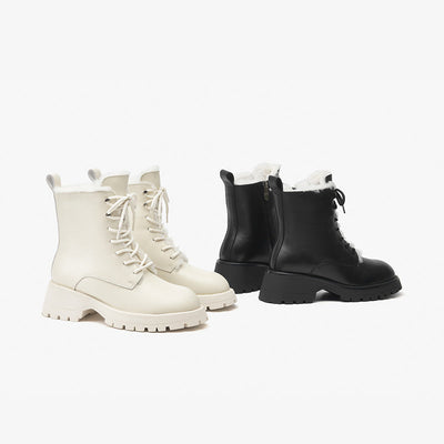 BeauToday Square Heel Solid Color Lace Up Boots for Women BEAU TODAY