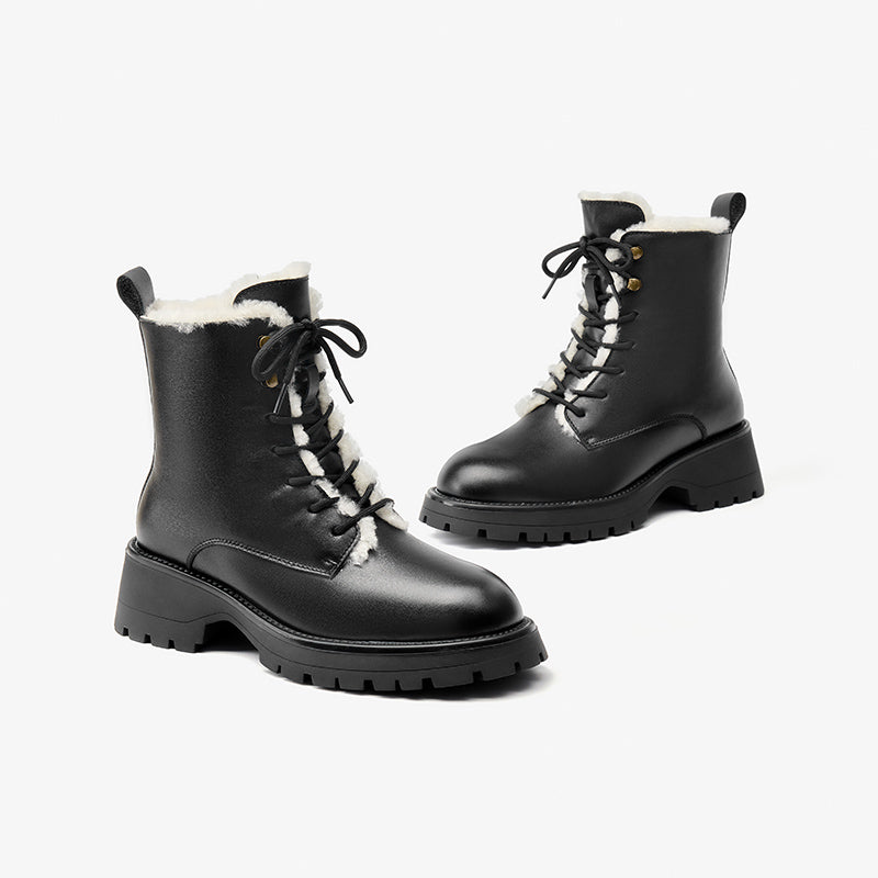 BeauToday Square Heel Solid Color Lace Up Boots for Women BEAU TODAY
