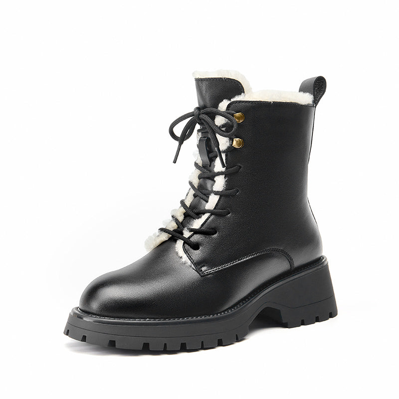 BeauToday Square Heel Solid Color Lace Up Boots for Women BEAU TODAY