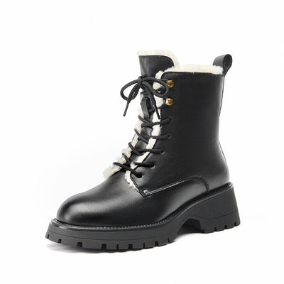 BeauToday Square Heel Solid Color Lace Up Boots for Women BEAU TODAY