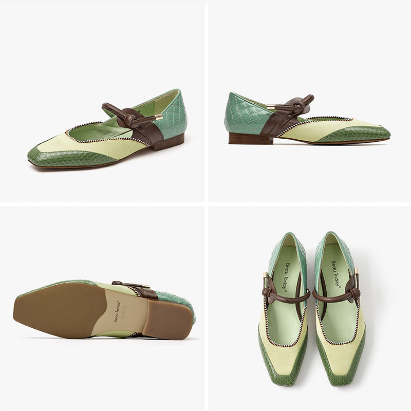 BeauToday Square Toe Mary Janes Ballet Falts with Mixed Color for Women BEAU TODAY